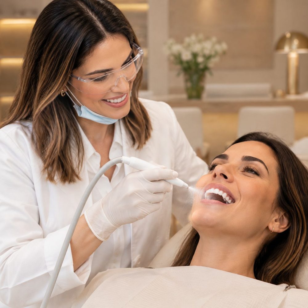 Dra. Tânia Tomic fazendo limpeza dental com AIRFLOW em paciente na Orny Odontologia, no Cambuí, em Campinas