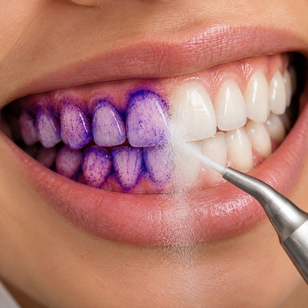 Corante revelando a placa bacteriana e jato do AIRFLOW limpando os dentes na Orny Odontologia, em Campinas